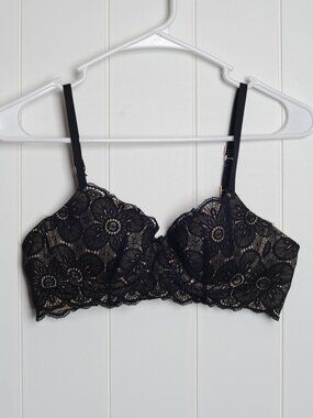 Aerie Balconette Real Power bra size 36A, black floral lace with nude base
